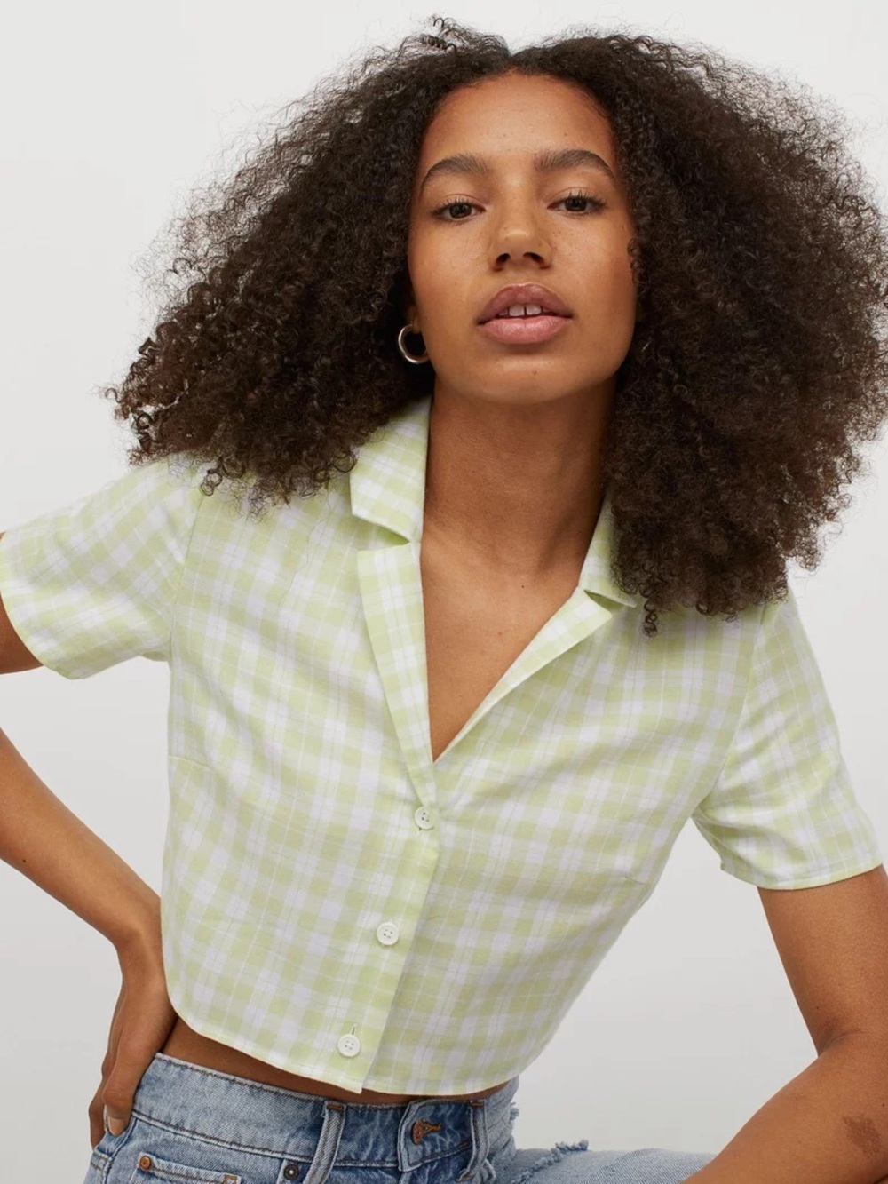 Divided H&M - Cropped Short-Sleeve Button-Up Top in Light Green Gingham